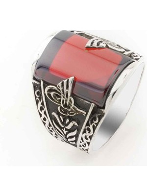 925 Gümüş Kırmızı Zirkon Taşlı Osmanlı Tuğralı Erkek  Gümüş Yüzük
