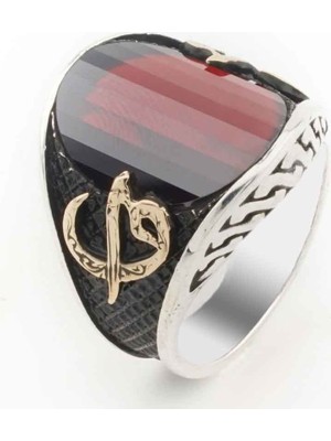 925 Gümüş Kırmızı Taşlı Elif Vav Gümüş  Erkek Yüzük