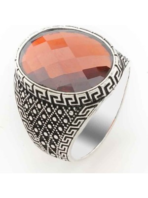 925 Gümüş Kırmızı Zirkon Taşlı Erkek Gümüş Yüzük Model 9