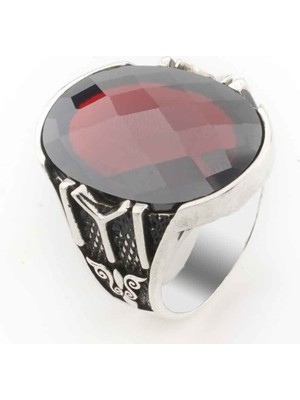 925 Gümüş Kırmızı Zirkon  Taşlı Kayı Boyu Detaylı  Gümüş Erkek Yüzük