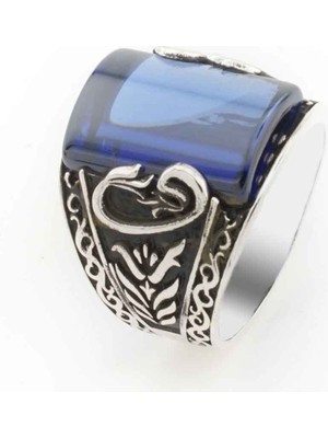 925 Gümüş Mavi Zirkon Taşlı Elif Vav Detaylı Erkek Gümüş Yüzük