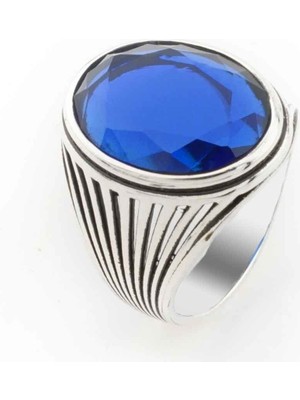 925 Gümüş 925 Ayar Gümüş Oval Mavi  Zirkon Taşlı Erkek Yüzük