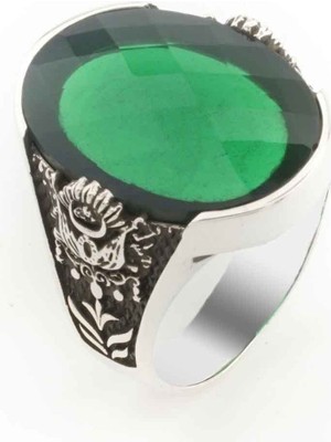 925 Gümüş Osmanlı Devlet Armalı Büyük  Yeşil Zirkon Taşlı Erkek Yüzük