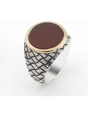 925 Gümüş 925 Ayar Gümüş Yuvarlak  Akik Taşlı Erkek Gümüş Yüzük