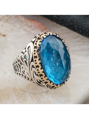 925 Gümüş Açık Mavi  Büyük Zirkon Taşlı Gümüş Yüzük