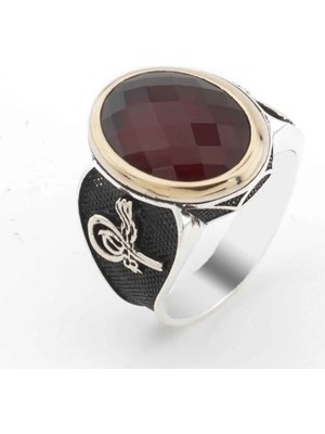 925 Gümüş 925 Ayar Gümüş Tuğra Detaylı Kırmızı Zirkon Taşlı Erkek Yüzük