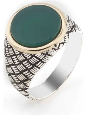 925 Gümüş Yeşil Yuvarlak Akik Taşlı  Gümüş  Erkek Yüzük
