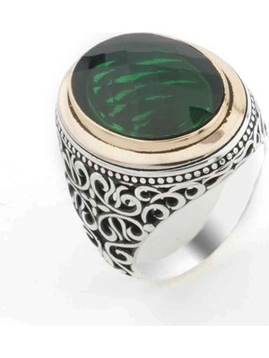 925 Gümüş 925 Ayar Gümüş Yeşil  Zirkon Taşlı Muhteşem Tasarım  Erkek Yüzük