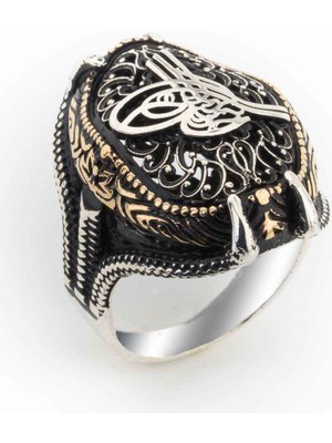 925 Gümüş 925 Ayar Gümüş Pençeli Tuğralı Erkek Yüzük