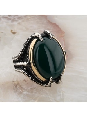 925 Gümüş 925 Ayar Gümüş Yeşil Bombe  Taşlı Pençeli  Erkek Yüzük