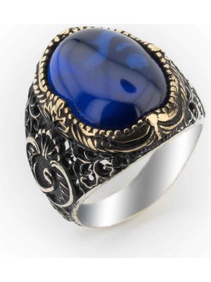 925 Gümüş Mavi Zirkon Taşlı Vav Desenli Gümüş Yüzük