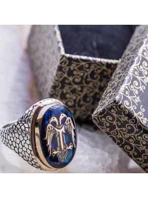925 Gümüş 925 Ayar Gümüş Büyük  Mavi Mineli  Selçuklu Kartalı Erkek Yüzük
