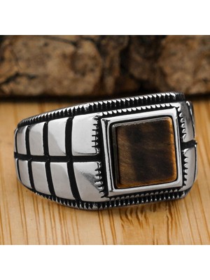 925 Gümüş 925 Ayar Gümüş Kare Kaplan Gözü Taşlı Yüzük