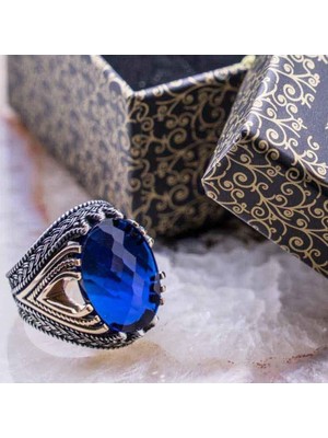 925 Gümüş 925 Ayar Gümüş  Mavi Zirkon Taşlı  Erkek  Yüzük