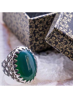 925 Gümüş Oval Yeşil Akik Taşlı Kare Gümüş Yüzük
