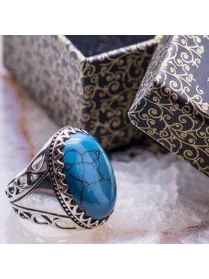 925 Gümüş 925 Ayar Gümüş Büyük Firuze Taşlı Erkek  Yüzük