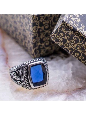 925 Gümüş 925 Ayar Gümüş Mavi Zirkon Taşlı Osmanlı Tuğrası Yüzük