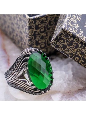 925 Gümüş 925 Ayar Gümüş Yeşil Zirkon  Taşlı  Erkek Yüzük