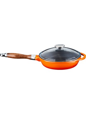 Lava Döküm Kızartma Tavası Ahşap Kulplu Cam Kapaklı ÇAP(Ø)24CM Turuncu