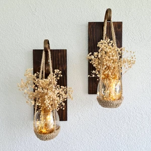 ST Dekor Duvar Dekoru, LED Işıklı, Beyaz Cipso Çiçekli Aplik, Ceviz Ikili Set