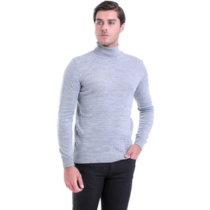 Erkek Gri Desenli Tam Balıkçı Yaka Regular Fit Triko Kazak