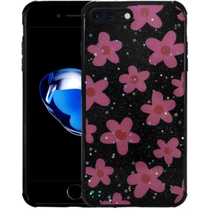 Apple iPhone 8 Plus Uyumlu Kılıf Simli Kalpli ve Çiçekli Desenli Parlak Tasarım Soft Kılıf