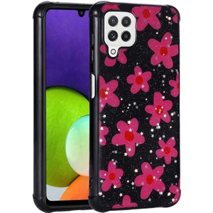 Samsung Galaxy M32 Uyumlu Kılıf Simli Kalpli ve Çiçekli Desenli Parlak Tasarım Soft Kılıf