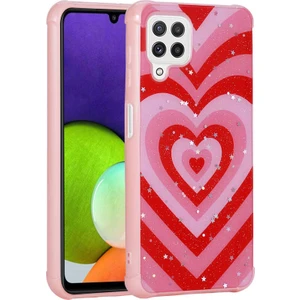 Samsung Galaxy M32 Uyumlu Kılıf Simli Kalpli ve Çiçekli Desenli Parlak Tasarım Soft Kılıf