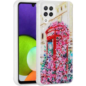 Samsung Galaxy M32 Uyumlu Kılıf Simli Kalpli ve Çiçekli Desenli Parlak Tasarım Soft Kılıf