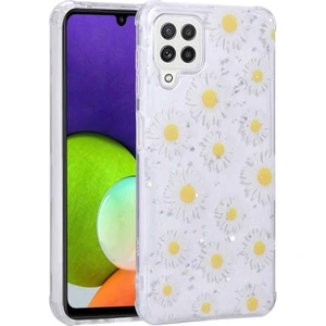 Samsung Galaxy M32 Uyumlu Kılıf Simli Kalpli ve Çiçekli Desenli Parlak Tasarım Soft Kılıf