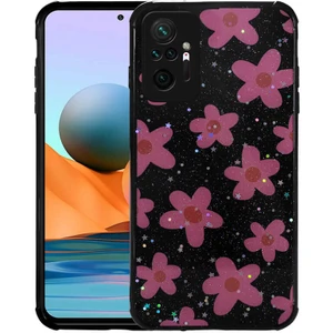Xiaomi Redmi Note 10 Pro Uyumlu Kılıf Simli Kalpli ve Çiçekli Desenli Parlak Tasarım Soft Kılıf