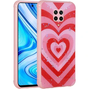 Xiaomi Redmi Note 9s Uyumlu Kılıf Simli Kalpli ve Çiçekli Desenli Parlak Tasarım Soft Kılıf