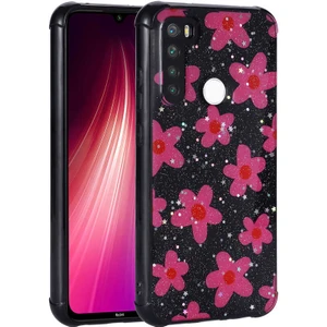 Xiaomi Redmi Note 8 Uyumlu Kılıf Simli Kalpli ve Çiçekli Desenli Parlak Tasarım Soft Kılıf