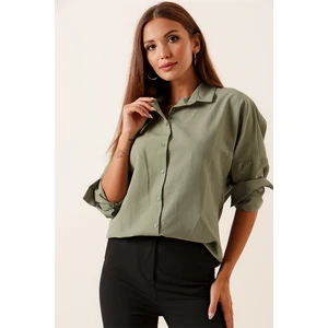 Saygı Giyim Oversize Uzun Basic Gömlek Haki
