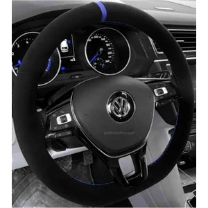 Vw Transporter T7 Dikmeli Direksiyon Kılıfı Alkantra Mavi Yüzüklü