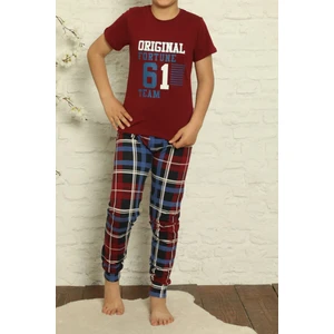 Tom John Bordo Erkek Çocuk Pijama Takımı Kısa Kollu Pamuk Garson Likralı Bordo Mavi 61