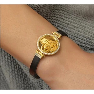 925 Gümüş 925 Ayar Gümüş Deri Kordonlu Altın Kaplama Tuğra Bileklik