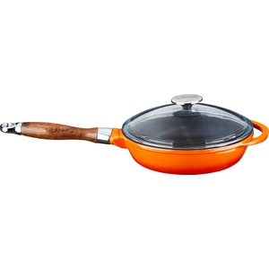 Döküm Kızartma Tavası Ahşap Kulplu Cam Kapaklı ÇAP(Ø)24CM Turuncu