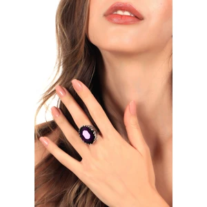 Kadın Antik Gümüş Kaplama Mor Renk Swarovski Taş Detaylı Ayarlanabilir Oval Formlu Tasarım Yüzük
