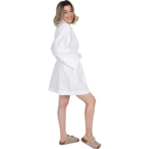 Dökümlü Keten Cepli, Kuşaklı Kimono-Beyaz