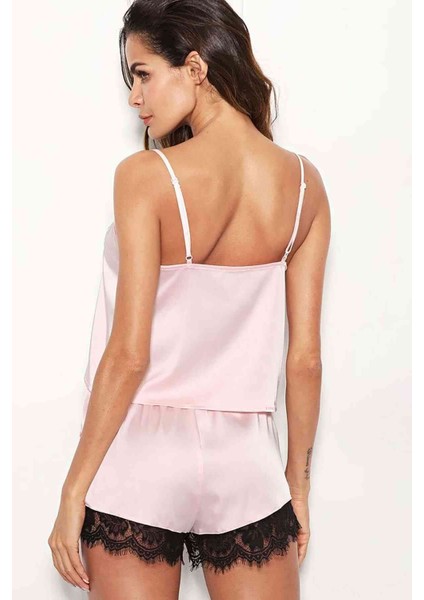 Dantel Işlemeli Saten Şortlu Pijama Takım Pembe