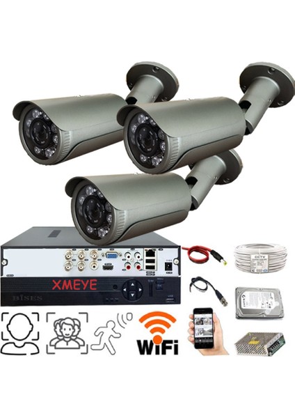3 Kameralı Yüz Tanımalı Hareket Algılayan 5 MP Lens 8 Süper King LED Metal Kasa Güvenlik Kamerası Seti BS_3SK8