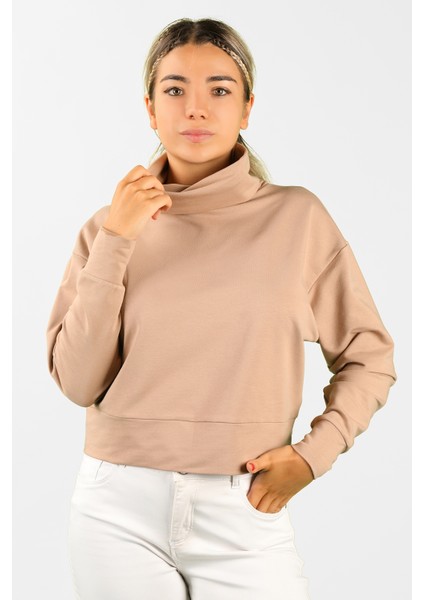 Kadın 2 Iplik Degaje Yaka Sweatshirt Açık Kahve