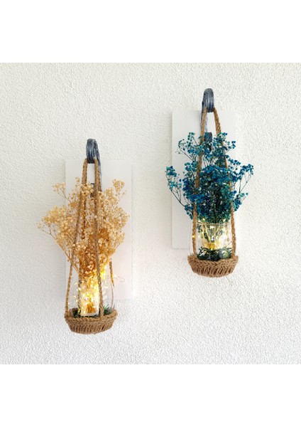 Duvar Dekoru, LED Işıklı, Mavi ve Beyaz Cipso Çiçekli, Beyaz Aplik Ikili Set