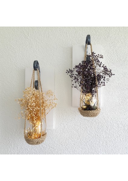 Duvar Dekoru, LED Işıklı, Mor ve Beyaz Cipso Çiçekli Aplik, Beyaz Ikili Set