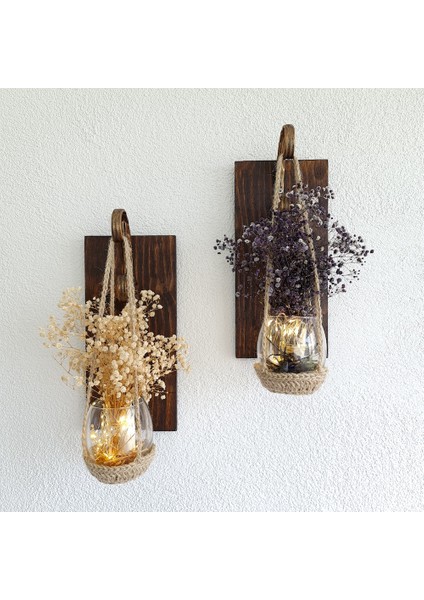 Duvar Dekoru, LED Işıklı, Beyaz ve Mor Cipso Çiçekli Aplik, Ceviz Ikili Set