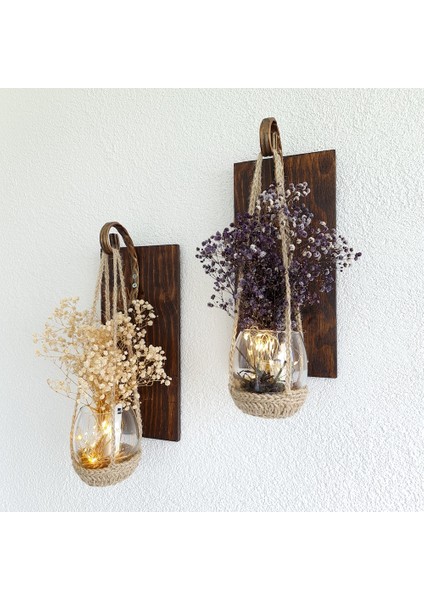 Duvar Dekoru, LED Işıklı, Beyaz ve Mor Cipso Çiçekli Aplik, Ceviz Ikili Set modelleri