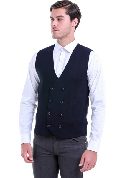 Erkek Lacivert Klasik Regular Fit Kruvaze Triko Yelek
