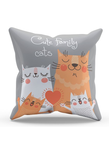 Çift Tarafı Baskılı Happy Cats Desenli Tekli Süet Kırlent Kılıfı