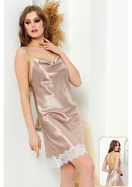 12103 İp Askılı Saten Gecelik -Vizon